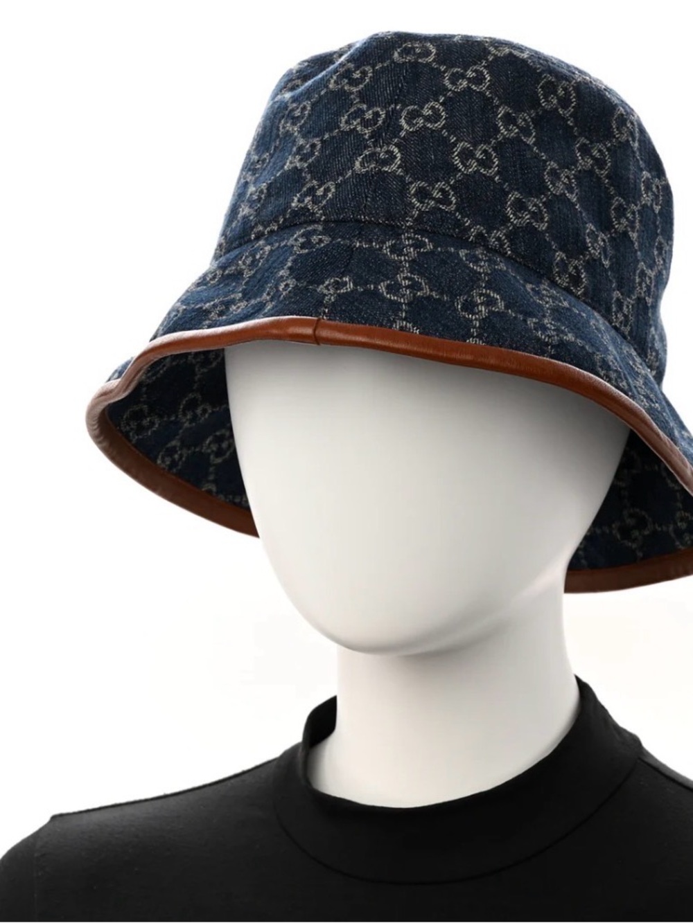 Brand New Auth Gucci Blue GG Denim Bucket Hat with Brown Trim.  Retail $590